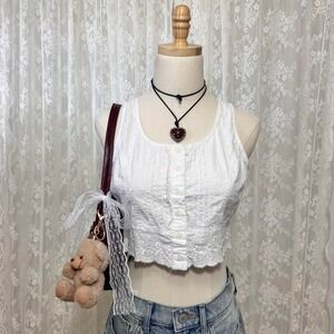 Y2K White Lace Tank Top Floral Embroidery Size Medium Coquette Cottage Boho
